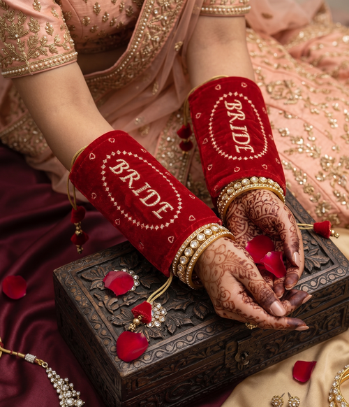 Elegant Velvet ’Bride’ Punjabi Choora Covers – Deep Red - Choora Covers