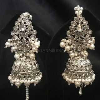 SHENAAZ Antique Silver Earring & Tikka Set (with Earring Chain Sahare) - Silver