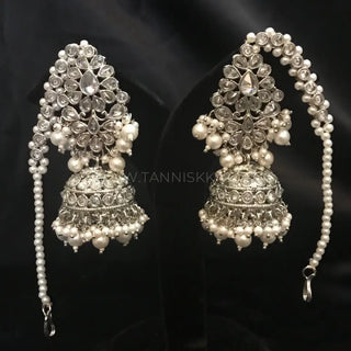 SHENAAZ Antique Silver Earring & Tikka Set (with Earring Chain Sahare) - Silver