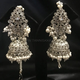 SHENAAZ Antique Silver Earring & Tikka Set (with Earring Chain Sahare) - Silver
