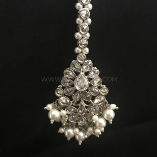 SHENAAZ Antique Silver Earring & Tikka Set (with Earring Chain Sahare) - Silver