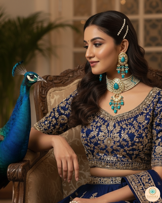 Luxury turquoise blue beaded Kundan choker necklace set with matching earrings, elegant statement jewelry for South Asian bridal weddings and receptions.