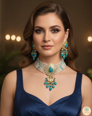 Luxury turquoise blue beaded Kundan choker necklace set with matching earrings, elegant statement jewelry for South Asian bridal weddings and receptions.