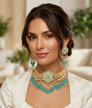 Luxury turquoise meenakari Kundan choker necklace set with matching earrings and maang tikka, vibrant statement jewelry for South Asian bridal weddings and festive occasions