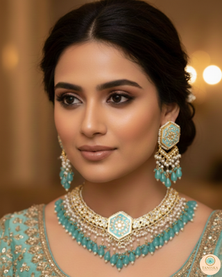 Luxury turquoise meenakari Kundan choker necklace set with matching earrings and maang tikka, vibrant statement jewelry for South Asian bridal weddings and festive occasions