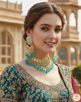 Luxury turquoise meenakari Kundan choker necklace set with matching earrings and maang tikka, vibrant statement jewelry for South Asian bridal weddings and festive occasions