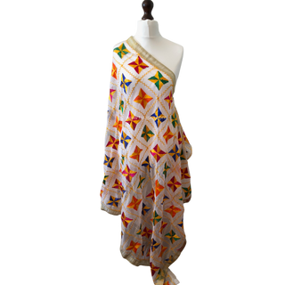 The White Star Bloom Phulkari Dupatta - Punjabi Phulkari Dupatta