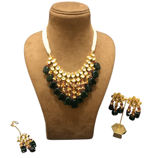 MISHA Kundan Necklace Set (Emerald Maroon Combo) - Necklace Set