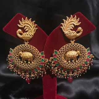 TANISHQ Designer Elephant (Hati) / Peacock Antique Gold Earrings - Multi