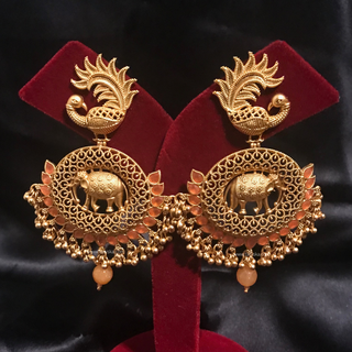 TANISHQ Designer Elephant (Hati) / Peacock Antique Gold Earrings - Peach