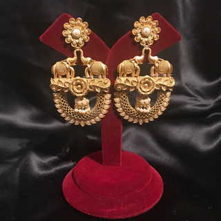 TANISHQ Designer Elephant (Hati) Antique Gold Earrings - Golden