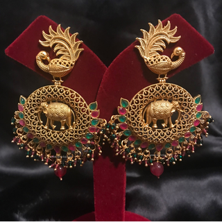 TANISHQ Designer Elephant (Hati) / Peacock Antique Gold Earrings - Multi