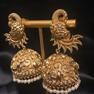 TANISHQ Designer Antique Gold Earrings - Golden - Elephant & Peacock Design