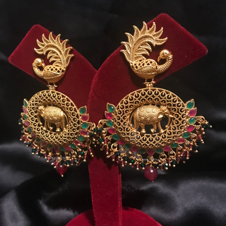 TANISHQ Designer Elephant (Hati) / Peacock Antique Gold Earrings - Multi