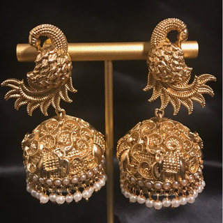 TANISHQ Designer Antique Gold Earrings - Golden - Elephant & Peacock Design