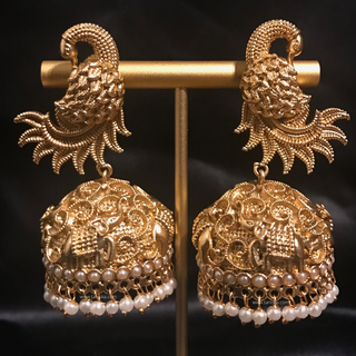 TANISHQ Designer Antique Gold Earrings - Golden - Elephant & Peacock Design
