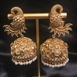 TANISHQ Designer Antique Gold Earrings - Golden - Elephant & Peacock Design