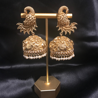 TANISHQ Designer Antique Gold Earrings - Golden - Elephant & Peacock Design