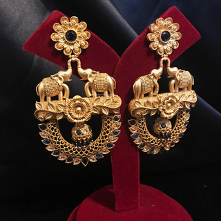 TANISHQ Designer Elephant (Hati) Antique Gold Earrings - Blackish Navy