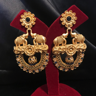 TANISHQ Designer Elephant (Hati) Antique Gold Earrings - Blackish Navy