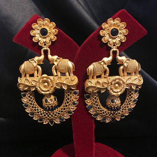 TANISHQ Designer Elephant (Hati) Antique Gold Earrings - Blackish Navy