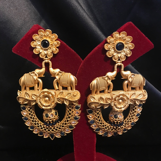 TANISHQ Designer Elephant (Hati) Antique Gold Earrings - Blackish Navy