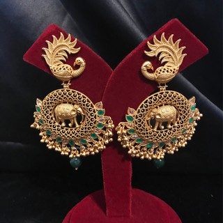 TANISHQ Designer Elephant (Hati) / Peacock Antique Gold Earrings - Emerald Green / Gold Combo