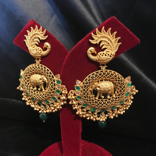 TANISHQ Designer Elephant (Hati) / Peacock Antique Gold Earrings - Emerald Green / Gold Combo