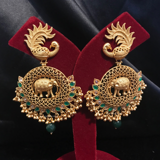 TANISHQ Designer Elephant (Hati) / Peacock Antique Gold Earrings - Emerald Green / Gold Combo