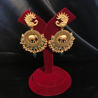 TANISHQ Designer Elephant (Hati) / Peacock Antique Gold Earrings - Emerald Green / Gold Combo