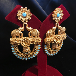 TANISHQ Designer Elephant (Hati) Antique Gold Earrings - Turquoise