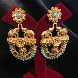TANISHQ Designer Elephant (Hati) Antique Gold Earrings - Turquoise