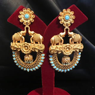 TANISHQ Designer Elephant (Hati) Antique Gold Earrings - Turquoise