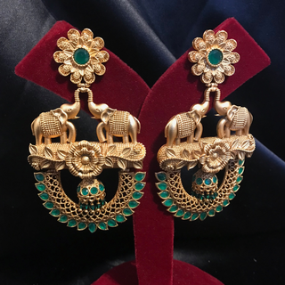 TANISHQ Designer Elephant (Hati) Antique Gold Earrings - Emerald Green