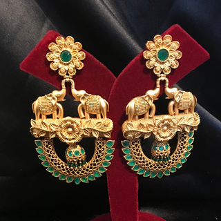 TANISHQ Designer Elephant (Hati) Antique Gold Earrings - Emerald Green