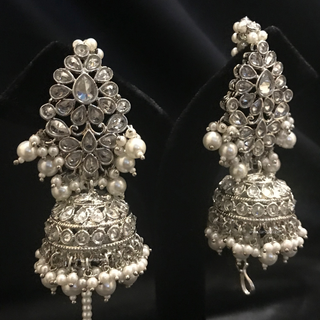 SHENAAZ Antique Silver Earring & Tikka Set (with Earring Chain Sahare) - Silver