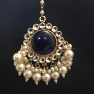 MAHARANI Pachi Kundan Large Jhumki Earrings & Tikka - Navy