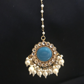 MAHARANI Pachi Kundan Large Jhumki Earrings & Tikka - Turquoise