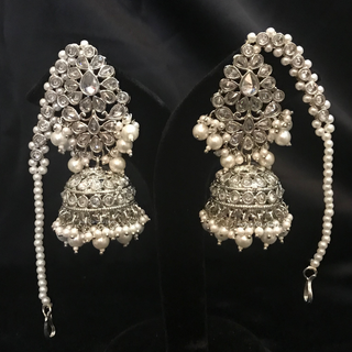 SHENAAZ Antique Silver Earring & Tikka Set (with Earring Chain Sahare) - Silver