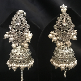 SHENAAZ Antique Silver Earring & Tikka Set (with Earring Chain Sahare) - Silver