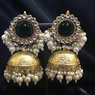 MAHARANI Pachi Kundan Large Jhumki Earrings & Tikka - Bottle Green