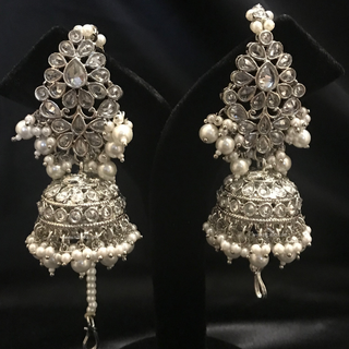 SHENAAZ Antique Silver Earring & Tikka Set (with Earring Chain Sahare) - Silver