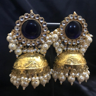 MAHARANI Pachi Kundan Large Jhumki Earrings & Tikka - Navy