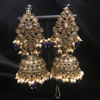 SHENAAZ Antique Gold Earring & Tikka Set (with Earring Chain Sahare) - Navy / Golden