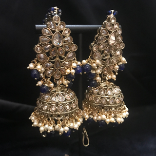 SHENAAZ Antique Gold Earring & Tikka Set (with Earring Chain Sahare) - Navy / Golden
