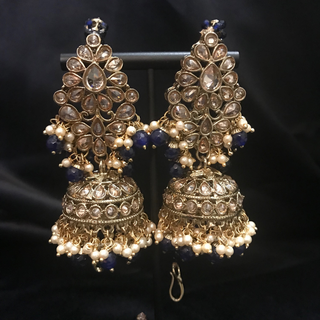SHENAAZ Antique Gold Earring & Tikka Set (with Earring Chain Sahare) - Navy / Golden