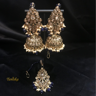 SHENAAZ Antique Gold Earring & Tikka Set (with Earring Chain Sahare) - Navy / Golden
