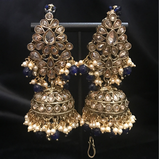 SHENAAZ Antique Gold Earring & Tikka Set (with Earring Chain Sahare) - Navy / Golden