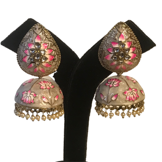 DEEPIKA Meenakari (Hand Painted) Jhumki - Pearl White / Pinkish Tones