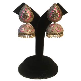 DEEPIKA Meenakari (Hand Painted) Jhumki - Pearl White / Pinkish Tones